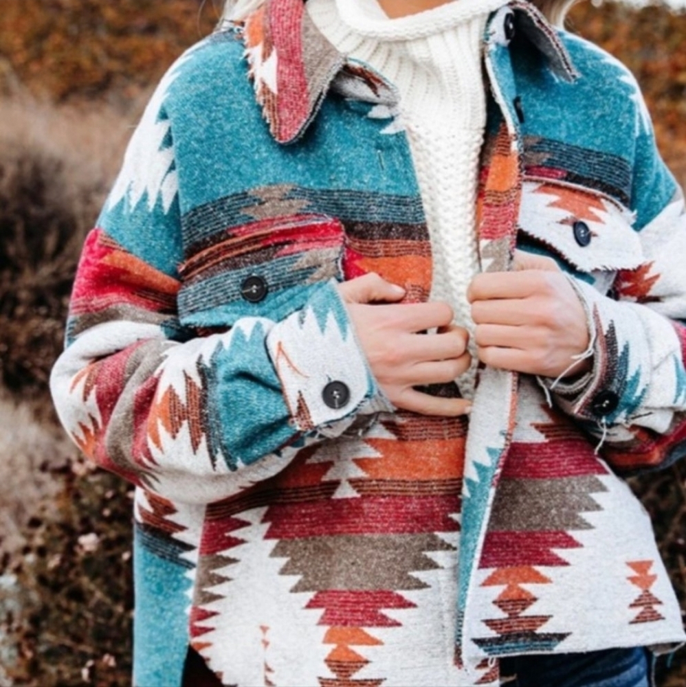 Distressed Yellowstone Aztec Native Flannel Jacket Coat Shacket Top Blue Red - Picture 5 of 11